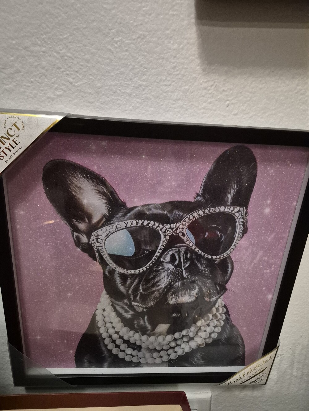 Stylish Pink French Bulldog Wall Art Print with Pearls